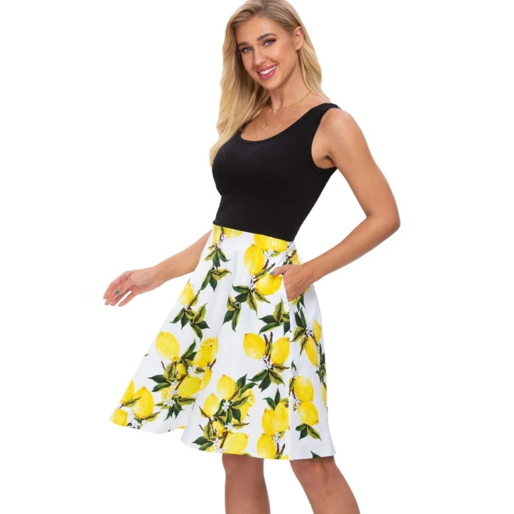 Summer Casual Scoop Neck Lemon A Line Swing Casual Party Dress w/Pockets. XL